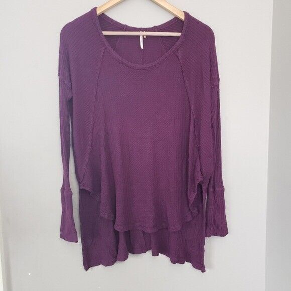 FREE PEOPLE Ventura waffle long sleeve Burgundy Small Rounded Hem - Picture 1 of 3
